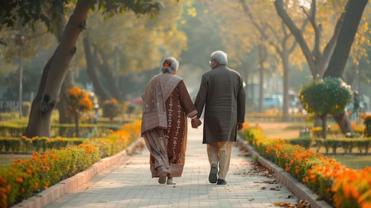 Indian elderly couple walking peacefully on green garden pathway